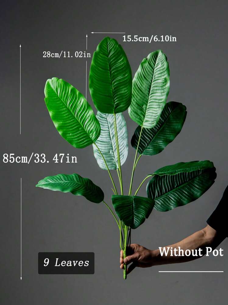 85-115cm Hoja artificial grande de ave del paraíso, hoja de plátano tropical falsa, hoja de planta de palma de plástico de gran tamaño, follaje de árbol realista para decoración del hogar y el jardín, no incluye maceta, 1 pieza, adecuado para el Día de San Valentín, cumpleaños, ceremonia de graduación - Verde - Añade 9