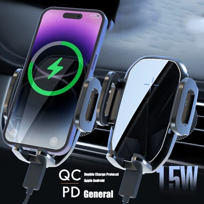 1入組車用支架手機無線充電器，創新先進技術，氣流出風口智能感應15W快速充電完全自動感應車載手機支架