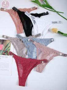 7 件女式性感蕾丝丁字裤 - 透气无缝低腰三角裤和简约爱心内裤 - 舒适女士内衣 - 彩色 - 查看 3