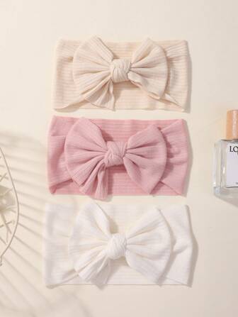 3pcs Solid Color Elastic Hair Ties With Bow Knot Design For Kids, Cute Baby Headbands Love Valentine