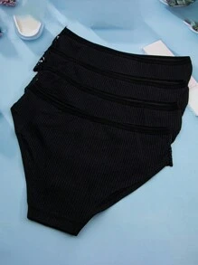 4pcs Breathable Lace Trimmed Ribbed Thong - Black - View 2