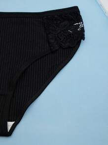 4pcs Breathable Lace Trimmed Ribbed Thong - Black - View 4