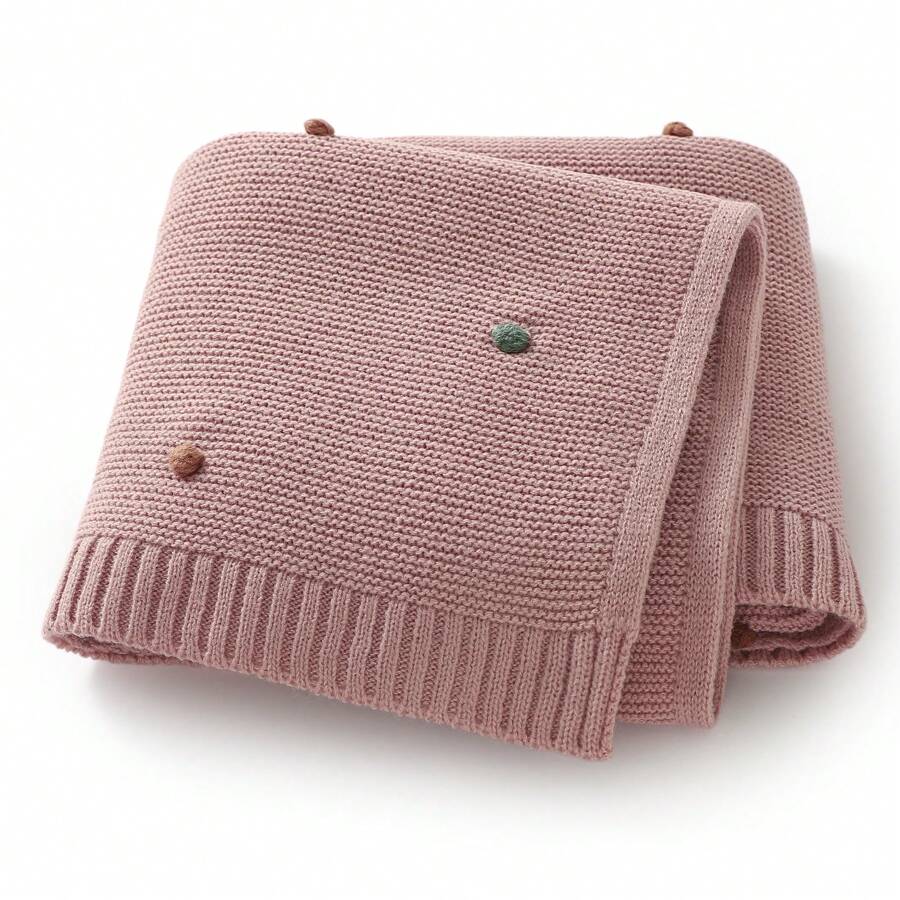 1pc Knitted Baby Swaddle Blanket With 3D Pom-Pom Balls, Suitable For All Seasons Love Valentine - Pink - View 1