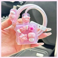 5pcs/Set 3D Cute Cartoon Translucent Pink Ripple Edge Charger And Cable Protector Case Compatible With Apple 20W/18W Fast Charger And IPad Charging Cable Charger Protector - Pink - View 3