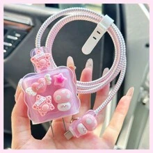 5pcs/Set 3D Cute Cartoon Translucent Pink Ripple Edge Charger And Cable Protector Case Compatible With Apple 20W/18W Fast Charger And IPad Charging Cable Charger Protector - Pink - View 2