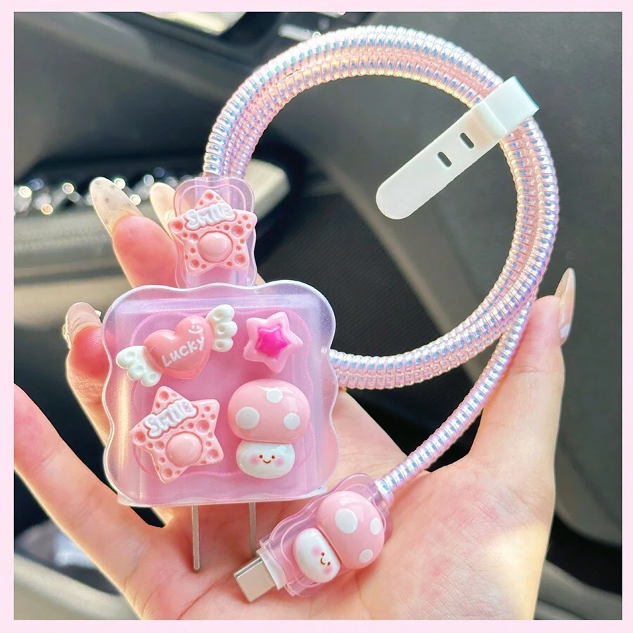 5pcs/Set 3D Cute Cartoon Translucent Pink Ripple Edge Charger And Cable Protector Case Compatible With Apple 20W/18W Fast Charger And IPad Charging Cable Charger Protector - Pink - View 1