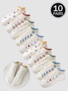 1/10 双女士短袜，隐形袜，白袜，女士袜子，可爱袜子，女孩袜子，采用吸湿排汗线防滑设计，柔软，舒适，透气，可爱蕾丝设计，办公休闲学院风，四季皆可穿。袜子颜色随机 - 彩色 - 查看 7