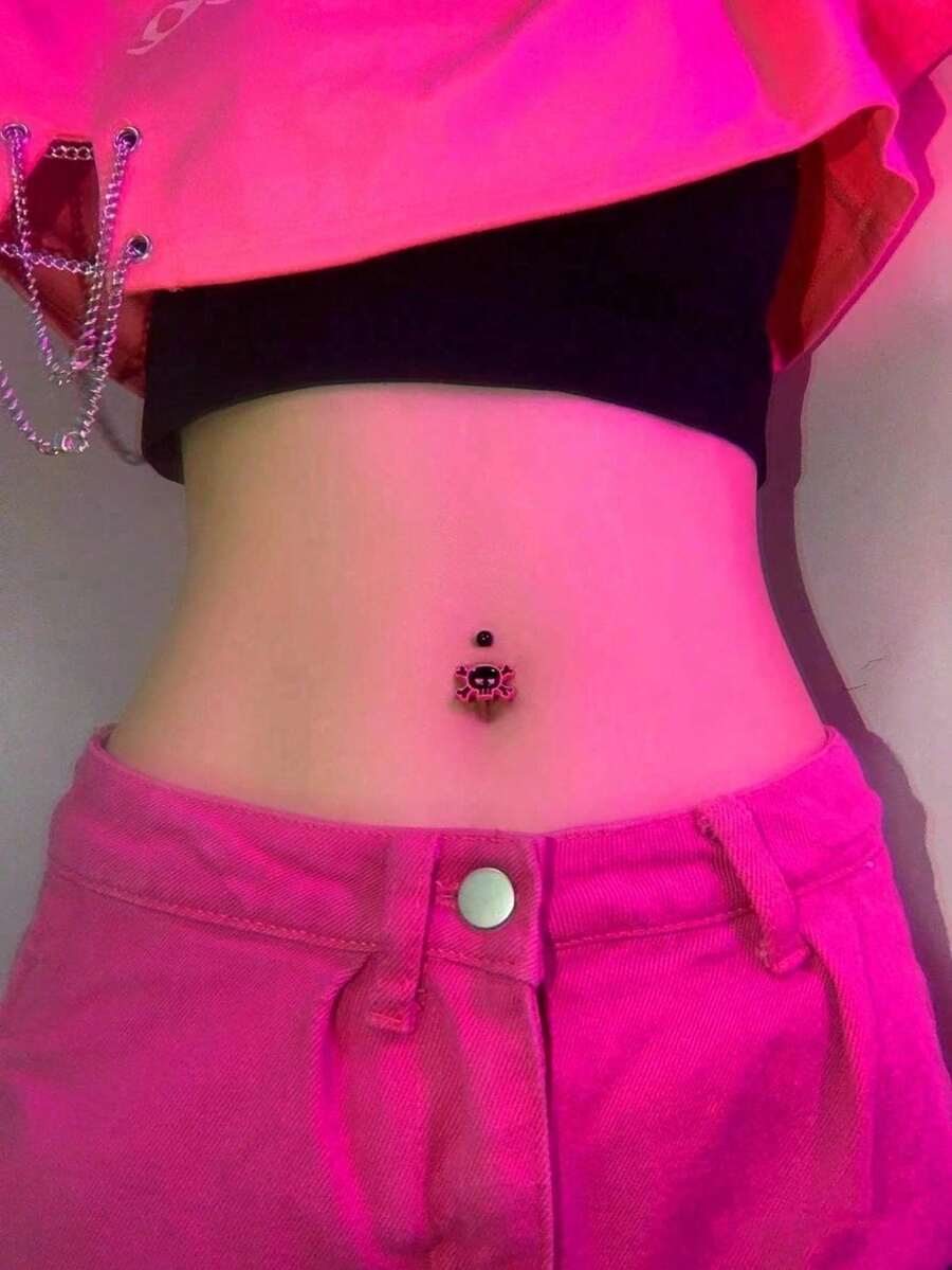 1pc Halloween Street Style Skull Belly Button Ring - Pink - View 1