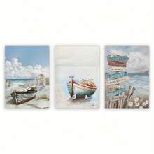 1pc Unframed Light Blue Ocean Themed Bathroom Wall Art Print With Ocean Theme Boat And Compass On Canvas, Modern Seascape Decorative Painting For Living Room, Bedroom, Office, Dining Room Or Fireplace Decoration - Multicolor - View 11