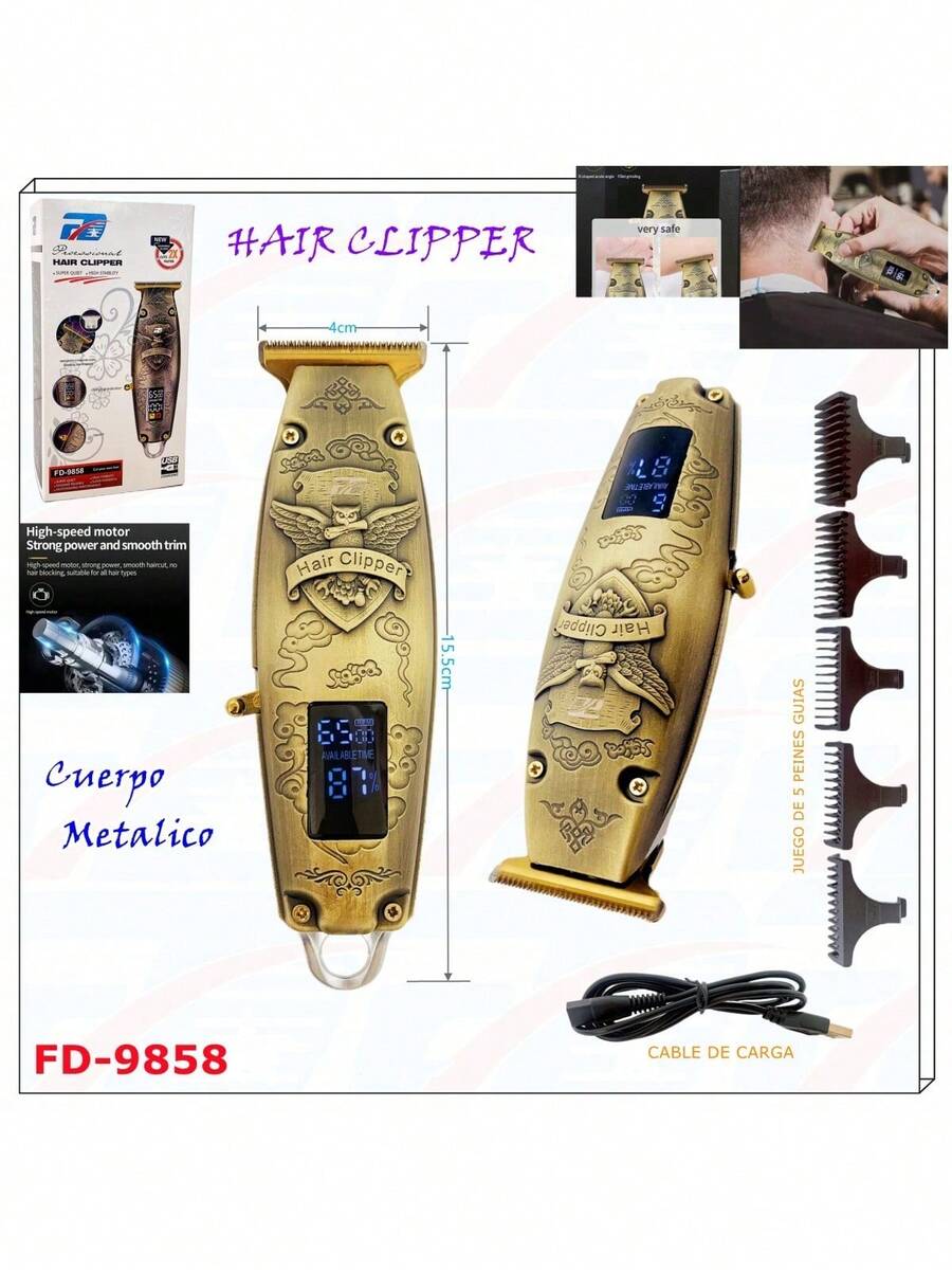 FD Cortapelos Profesional Inalámbrica Clipper Hair ,maquina corta cabello Metalico con pantalla LCD - Dorado - Ver 1