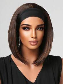 TOPSHE 12-Inch  Headband Wigs For Women Straight Hair Wigs Black Brown Wig With Headband Synthetic Long Curly Wigs