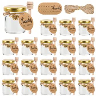 10 包迷你玻璃蜂蜜罐，可作为婚礼礼物赠送宾客，45 毫升/1.5 盎司透明罐头罐，果酱罐，带金色盖子，蜜蜂吊坠，麻绳和标签，可作为迎婴派对、新娘送礼会、圣诞节礼物