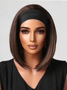 TOPSHE 12-Inch  Headband Wigs For Women Straight Hair Wigs Black Brown Wig With Headband Synthetic Long Curly Wigs