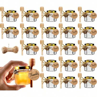 20-pack mini honungsburkar 1,5 oz/45 ml hexagonala glasburkar med gyllene lock, guldfärgade bihängen, dekorativa jute, tacketiketter för bröllop, brudshower, babyshower-festgåvor.