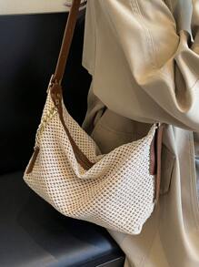 Fashionable Summer Straw Woven Bag Simple Vintage Chain Zipper Shoulder Bag, Beige, Holiday Essentials, Perfect For Travel, Vacation, Holiday & Beach, Eye-Catching Beach Bag Summer, Summer Straw Beach Bag For Women, Hottest Beach Bags For Women, Beach Necessities, Beach Essentials, Beach Stuff & Summer Essentials, Newest Holiday Bag