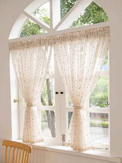 1入組波西米亞風格彩色球麻質單面窗簾，咖啡色窗簾裝飾