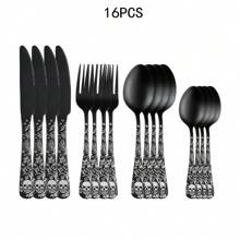 4/16/24PCS Black Cutlery Set, Serves For 1/4, Includes Spoons Forks And Knife, Stainless Steel Flatware For Home Kitchen, Gothic Design Silverware Perfect For Dark&Rock Lover,Mirror Polished, Dishwasher Friendly,Kitchen,Christmas Gift,School Supplies - Black - View 11