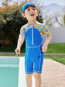 mini bala Đồ bơi liền mảnh co giãn cao cho bé trai mùa hè Quần short tay ngắn Quần vuông Đồ bơi một mảnh - Màu xanh lam - Xem 1