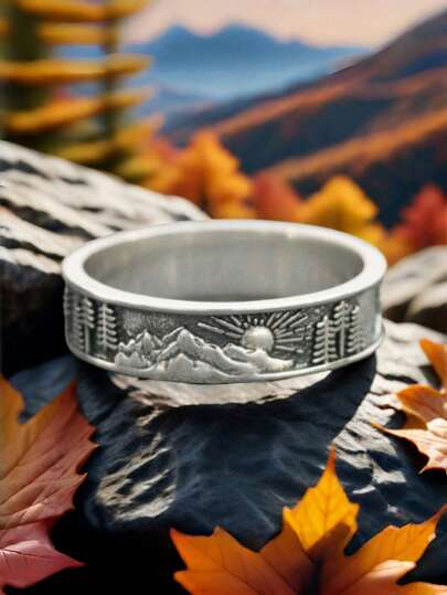 1pc Vintage Minimalist Sunset Mountain Pine Tree Medieval Style Ring, Versatile For Dates, Outings, Anniversary
