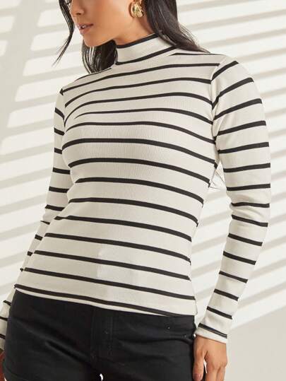 Blusa Listrada Manga longa Basica Simples Algodão Ribana Feminina Canelado