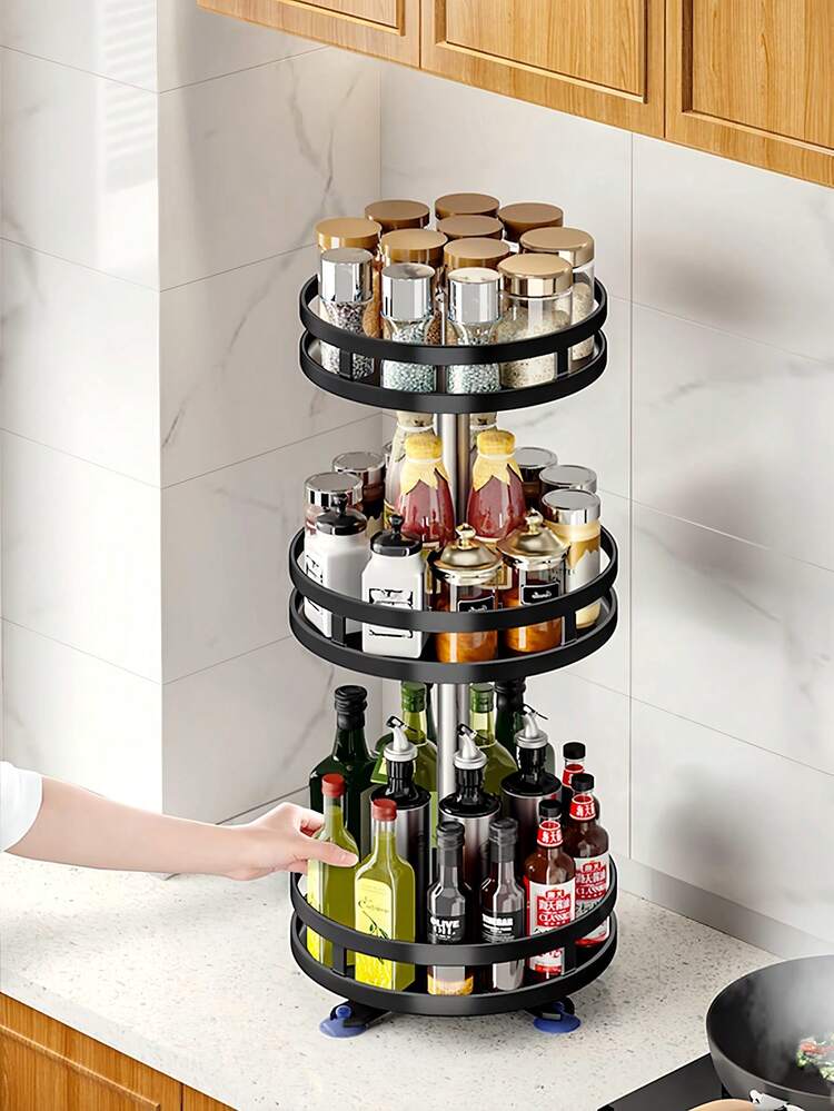 1 set de porte-bouteilles d'assaisonnement pour la cuisine, présentoir rotatif rond, en noir, disponible en 1/2/3 couches, en matériau de fer forgé, emballé individuellement, assemblage simple requis. Convient pour: Stockage sur le plan de travail de la cuisine des bouteilles d'assaisonnement, sauce soja, huile de cuisson, vinaigre, ketchup, poivre, piment en poudre et autres assaisonnements en bouteille. Stockage cosmétique pour la salle de bain. Gel douche, shampoing, huile essentielle, nettoyant, masque de beauté, après-shampoing, stockage de savon. Rangement de bureau pour petits articles. Stockage de fête d'anniversaire pour la nourriture. Idéal comme cadeau pour les pères, les mères, les petites amies et les épouses en tant que cadeau de cuisine, de stockage, de cuisine, d'organisateur de cuisine, d'organisateur, d'articles de cuisine, de décoration de pièce, de décoration de la maison, de décoration de Noël, de cadeaux pour la maison, de décoration de pièce. - Multicolore - Voir 8