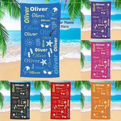 1pc Personalized Text Custom Beach Towel, Super Absorbent Swimming Towel, Comfortable Sand-Free Towel, Stylish Pool Towel, Exquisite Yoga Mat, Beach Accessory, Essential Festival Gift, Multiple Sizes Available, Suitable For Women, Multi-Functional, Ornamental, Reusable, Breathable, Adorable, High-Quality, Cute, Soft, Custom, Personalized, Unique, Ideal Gifts For Him, Ideal Gifts For Kids, Bathroom, Living Room, Bedroom, Office, Tea Room, School, Home Summer Holiday Bathroom DecorTravel Essentials Travel Accessories Beach Essentials,Customized Beach Towels,Warm Ambience