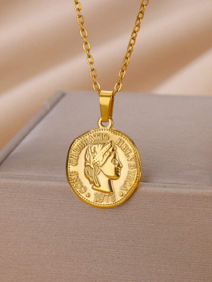 1PC Vintage Ancient Greek Arethusa Goddess Coin Pendant Necklaces For Women Men 18K Gold Plated Stainless Steel Adjustable Chain Necklace Goddess Worship Celebrity Medal Reversible Keepsake Fashion Jewelry Accessories