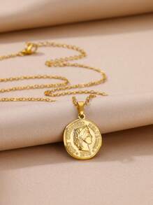 1PC Vintage Ancient Greek Arethusa Goddess Coin Pendant Necklaces For Women Men 18K Gold Plated Stainless Steel Adjustable Chain Necklace Goddess Worship Celebrity Medal Reversible Keepsake Fashion Jewelry Accessories