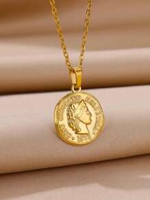 1PC Vintage Ancient Greek Arethusa Goddess Coin Pendant Necklaces For Women Men 18K Gold Plated Stainless Steel Adjustable Chain Necklace Goddess Worship Celebrity Medal Reversible Keepsake Fashion Jewelry Accessories