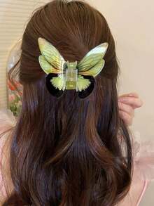 1 件装女士绿色亚克力蝴蝶形发爪夹，韩式发饰，适合盘发发型，高端设计带夹，时尚精致的穿衣配饰，适合日常穿着和外出 - 綠色 - 查看 2