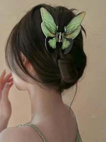 1 件装女士绿色亚克力蝴蝶形发爪夹，韩式发饰，适合盘发发型，高端设计带夹，时尚精致的穿衣配饰，适合日常穿着和外出 - 綠色 - 查看 1