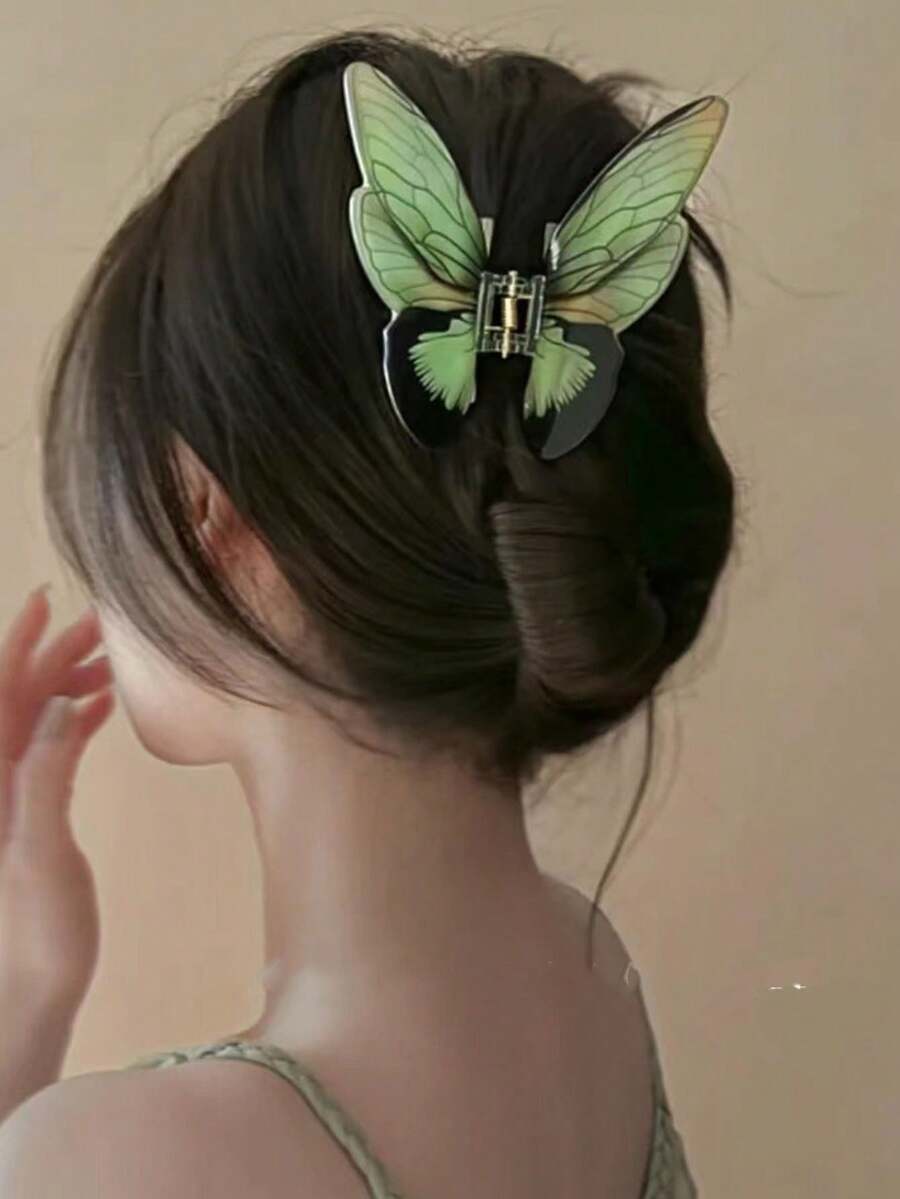 1 件装女士绿色亚克力蝴蝶形发爪夹，韩式发饰，适合盘发发型，高端设计带夹，时尚精致的穿衣配饰，适合日常穿着和外出 - 綠色 - 查看 1