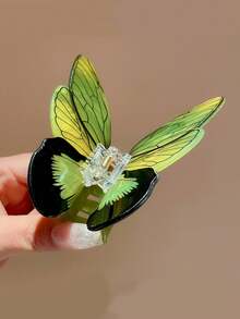 1 件装女士绿色亚克力蝴蝶形发爪夹，韩式发饰，适合盘发发型，高端设计带夹，时尚精致的穿衣配饰，适合日常穿着和外出 - 綠色 - 查看 3