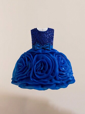 Sequin Bow & Floral Mesh Elegant Girls Princess Dress, Suitable For Birthday Party, School Performance, Flower Girl, Does Not Include Hair Accessories