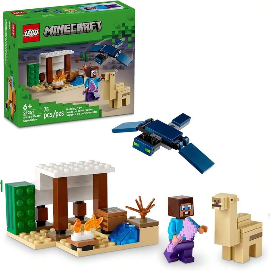 LEGO Steve 的沙漠探险积木玩具，带有 房屋和动作人物的生物群系，独立游戏礼物，适合男孩、女孩和 6 岁及以上儿童的游戏玩具套装，21251