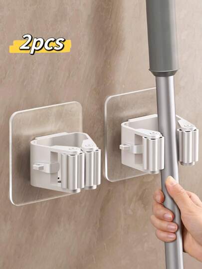 2 piezas Soporte de fregona y escoba para baño - Clip de suspensión adhesivo a prueba de agua para herramientas, 2.36x2.36 pulgadas, gancho de plástico duradero, no se necesita taladrar, adecuado para la organización del hogar y el baño, item imprescindible para hogar