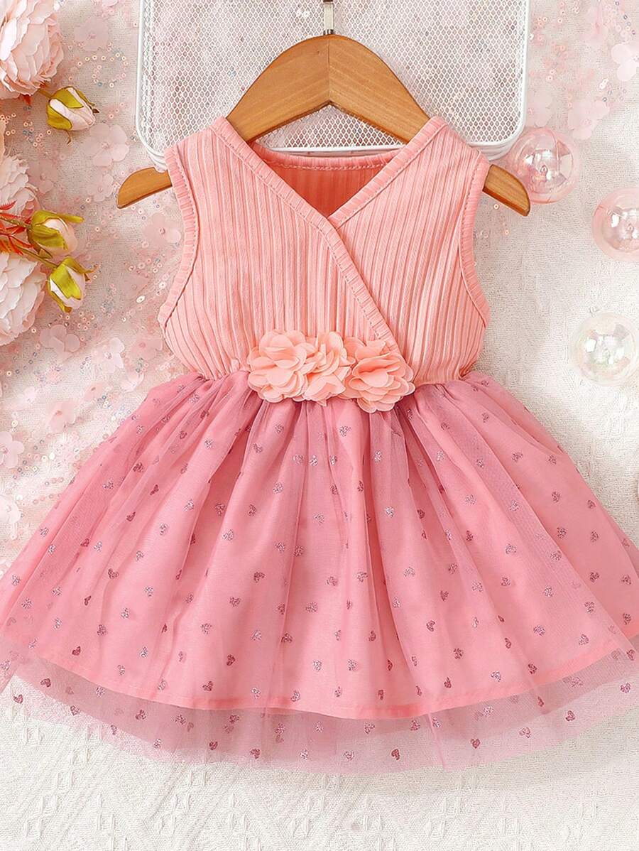 Striped Flower Love Mesh Dress - Pink - View 1