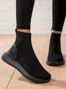 Botas femininas leves e confortáveis de malha, estilo meia casual, estilo atlético preto