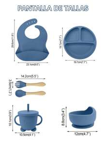 Set 5pcs Kit Para Comida Para Bebés Babero Cuenco De Silicona Cubiertos - Azul Marino - Ver 5