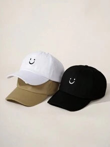 3 stuks geborduurd lachend gezicht platte rand baseball cap set voor kinderen, buiten verstelbare zonnebrandcrème casual pet geschikt voor jongens en meisjes, lente/herfst reizen strand vakantie zonnehoed