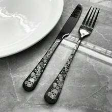 4/16/24PCS Black Cutlery Set, Serves For 1/4, Includes Spoons Forks And Knife, Stainless Steel Flatware For Home Kitchen, Gothic Design Silverware Perfect For Dark&Rock Lover,Mirror Polished, Dishwasher Friendly,Kitchen,Christmas Gift,School Supplies - Black - View 3