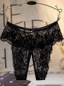 1pc Women's Black Classic Sexy Lace Bow Open-Crotch Panty, Alluring, Suitable For Honeymoon, Dates, Rave - Black - View 2