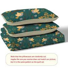 3入組鮮艷的鳥和樹枝圖案被子套裝（被子套裝*1+枕套*2），全季節適用，輕巧的床單，柔軟舒適的被子，適用於臥室、客房 - 墨綠色 - 查看 5