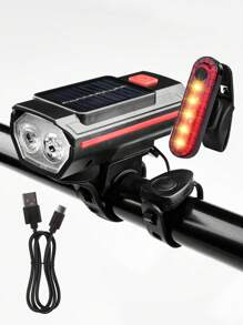 Conjunto de luces de bicicleta recargables USB alimentadas por energía solar, faro de bicicleta LED con luz de emergencia y bocina, resistente al agua, con 3 modos de iluminación