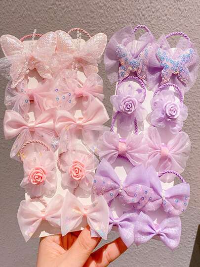 10个花朵蝴蝶结造型发圈，女士弹力发绳，马尾辫发饰，可爱甜美，高弹力，无卡片纸包装，情人节马尾辫发圈，橡皮筋，发绳，头饰弹力发带