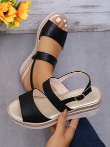 Women's Summer New Outdoor Casual Vacation Style Gold Base Wedge Thick Bottom Sandals, Black Strap Round Toe Slingback Wedge Sandals For Daily Wear - Black - View 3