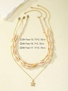 3 pièces Collier multirang à la mode avec chaîne au niveau de la clavicule, perles de riz, pendentifs de coquillages et d'étoiles de mer, casual et polyvalent - Or jaune - Voir 7