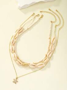 3 pièces Collier multirang à la mode avec chaîne au niveau de la clavicule, perles de riz, pendentifs de coquillages et d'étoiles de mer, casual et polyvalent - Or jaune - Voir 6