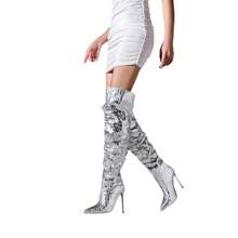 Women's Pointed Toe Stiletto Over-The-Knee Boots - Silver - View 2