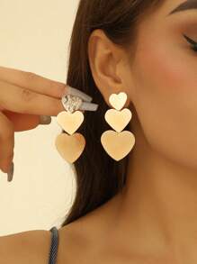 1 par de pendientes exagerados de triple corazón de estilo metálico retro - accesorios para la oreja, regalo para la novia - Amarillo Oro - Ver 1